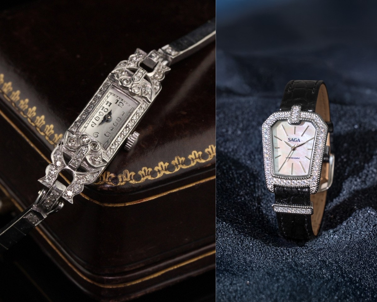 Saga Downton Night 71956-SVMWBK-2 – Mặt Số 26mmx35mm, xà cừ, đính đá, dây da 4 Đồng hồ mang phong cách Art Deco
