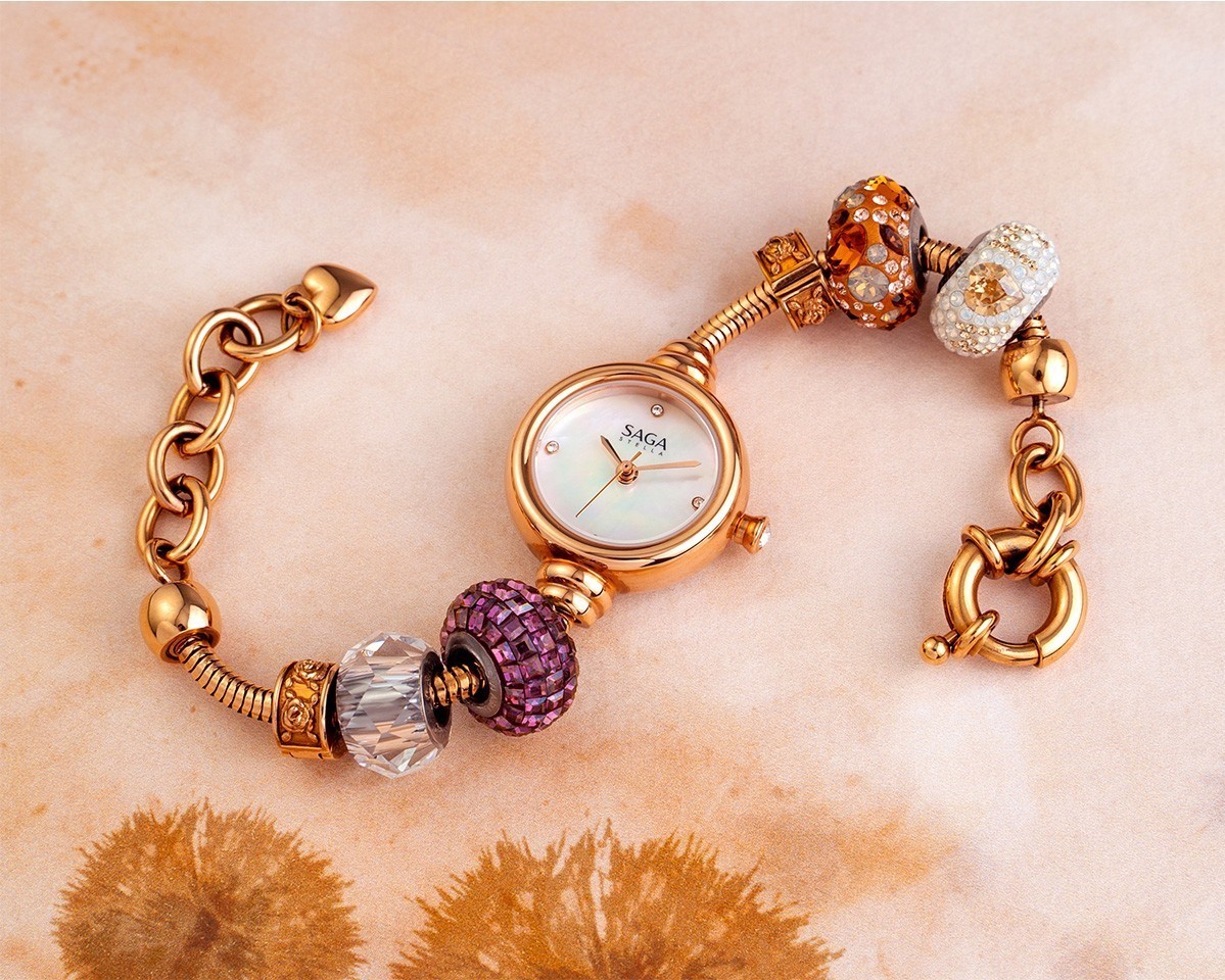 Saga Charm 53229-RGMWRG-4 – Mặt Số 20mm, Đính đá Swarovski, xà cừ, charm vàng, hồng, mạ vàng PVD 4 Bộ charm Stunning của đồng hồ Saga Charm 53229-RGMWRG-4