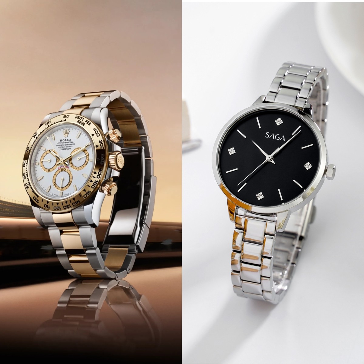 Saga 53643-SVBDSV-2 – Nữ – Kính Cứng – Quartz – Mặt Số 33mm, Đính Đá Swarovski, Chống Nước 3ATM 6 Bên trái là phiên bản dây Oyster của hãng Rolex và bên phải là đồng hồ nữ Saga 53643-SVBDSV-2