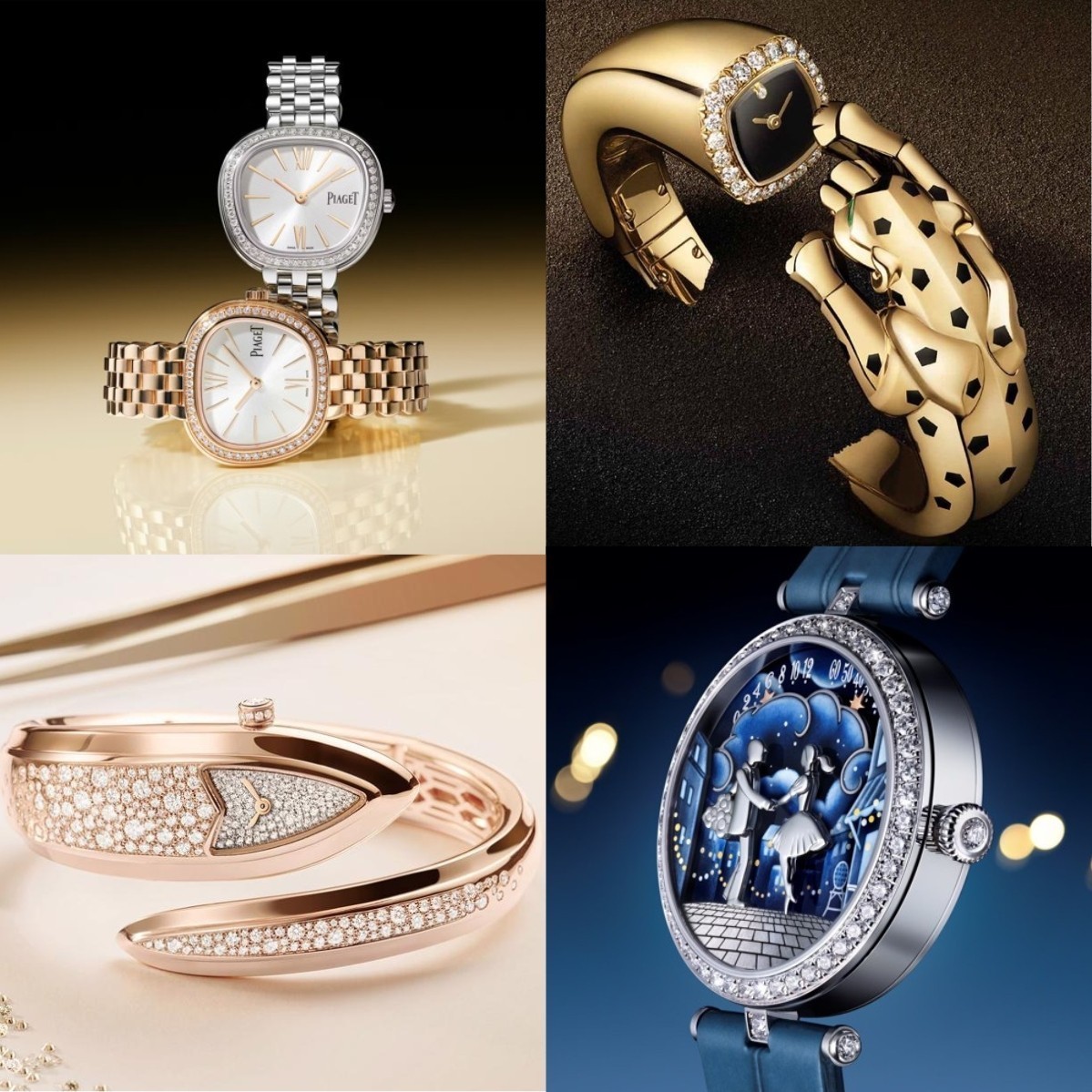 Saga Stella 53442-GPMWGP-2A – Mặt số 24mm, Khảm xà cừ, đính đá Swarovski vàng hổ phách 7 Các thiết kế đồng hồ trang sức của thương hiệu xa xỉ: Piaget, Cartier, Bvlgari, Van Cleef & Arpels
