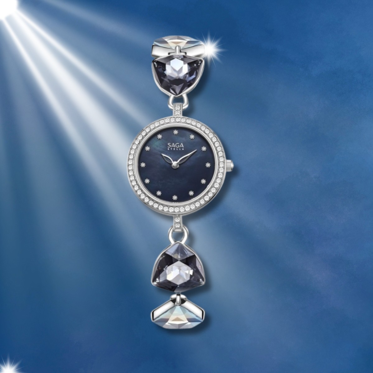 Saga Stella 53442-SVMBSV-2A – Mặt số 24mm, Khảm xà cừ, đính đá Swarovski 4 Đồng hồ Saga 53442-SVMBSV-2A dây lắc đính pha lê Swarovski