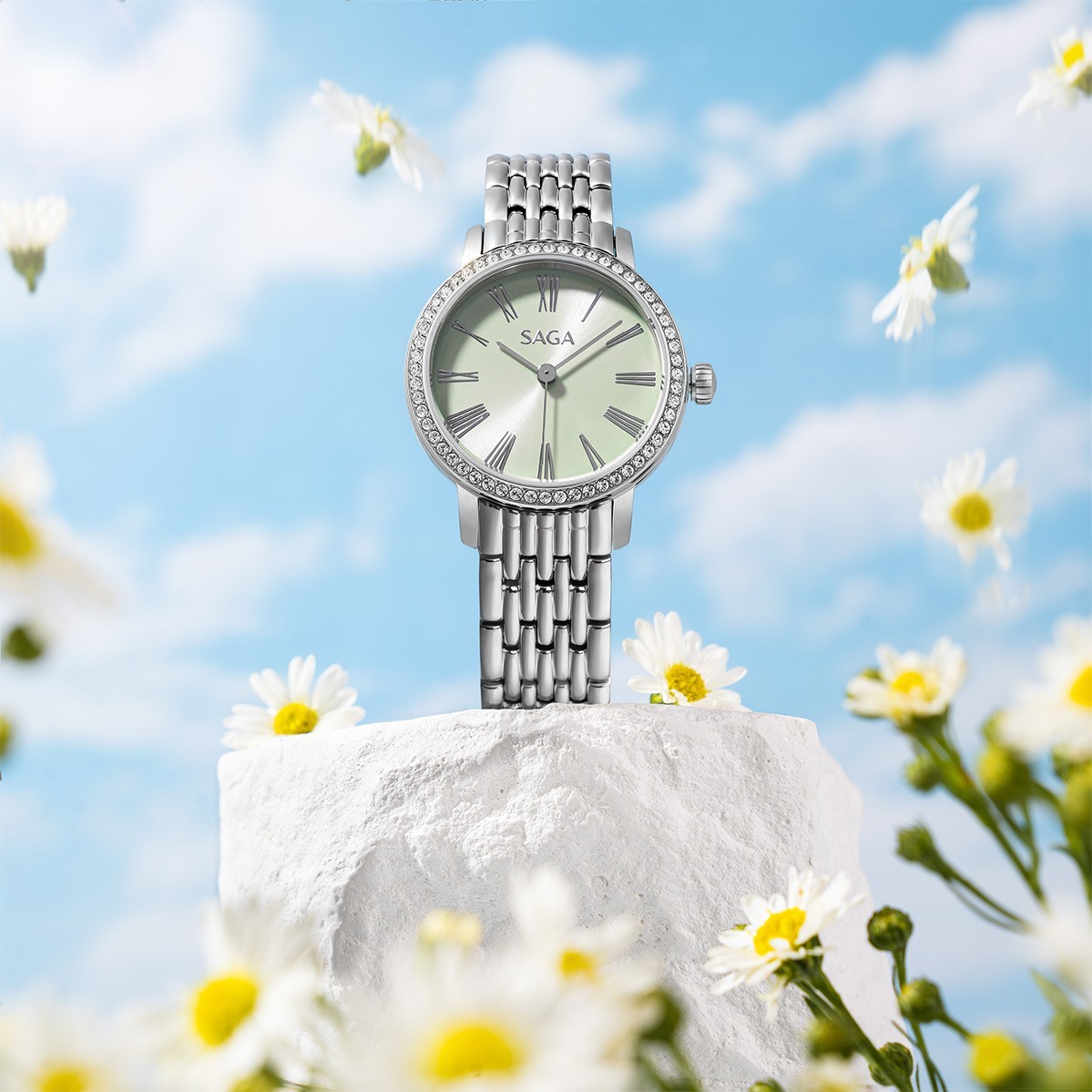 Saga Stella Chance 53578-SVGRSV-2 – Mặt số 30 mm, Đính đá Swarovski, Chống nước 3ATM 6 Đồng hồ Saga 53578-SVGRSV-2 đính đá Swarovski