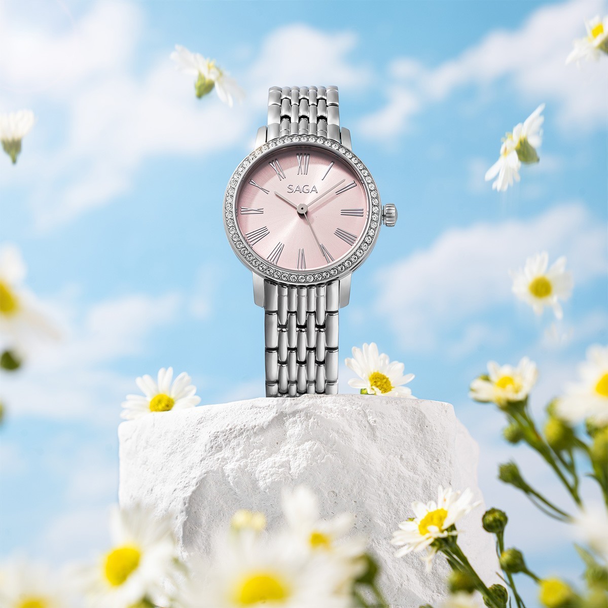Saga Stella Chance 53578-SVPKSV-2 – Mặt số 35 mm, Đính đá Swarovski, Chống nước 3ATM 6 Mặt số chải tia sunray Saga 53578-SVPKSV-2