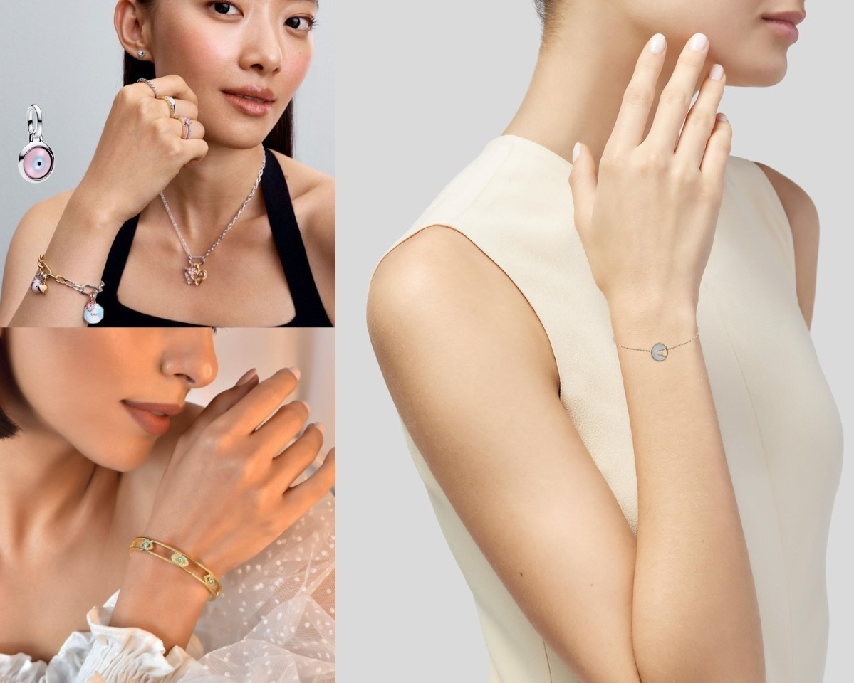 Saga Stella 71865-SVBLSV-2L – Mặt Số 20x27mm, Khảm Xà Cừ, Dây lắc, Đính đá 7 Pandora, Cartier cùng phụ kiện có biểu tượng Evil Eye