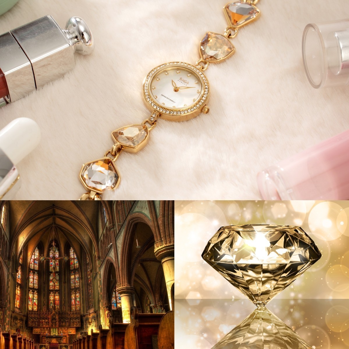 Saga Stella 53442-GPMWGP-2A – Mặt số 24mm, Khảm xà cừ, đính đá Swarovski vàng hổ phách 10 Thiết kế dây lắc đính đá Saga 53442-GPMWGP-2A
