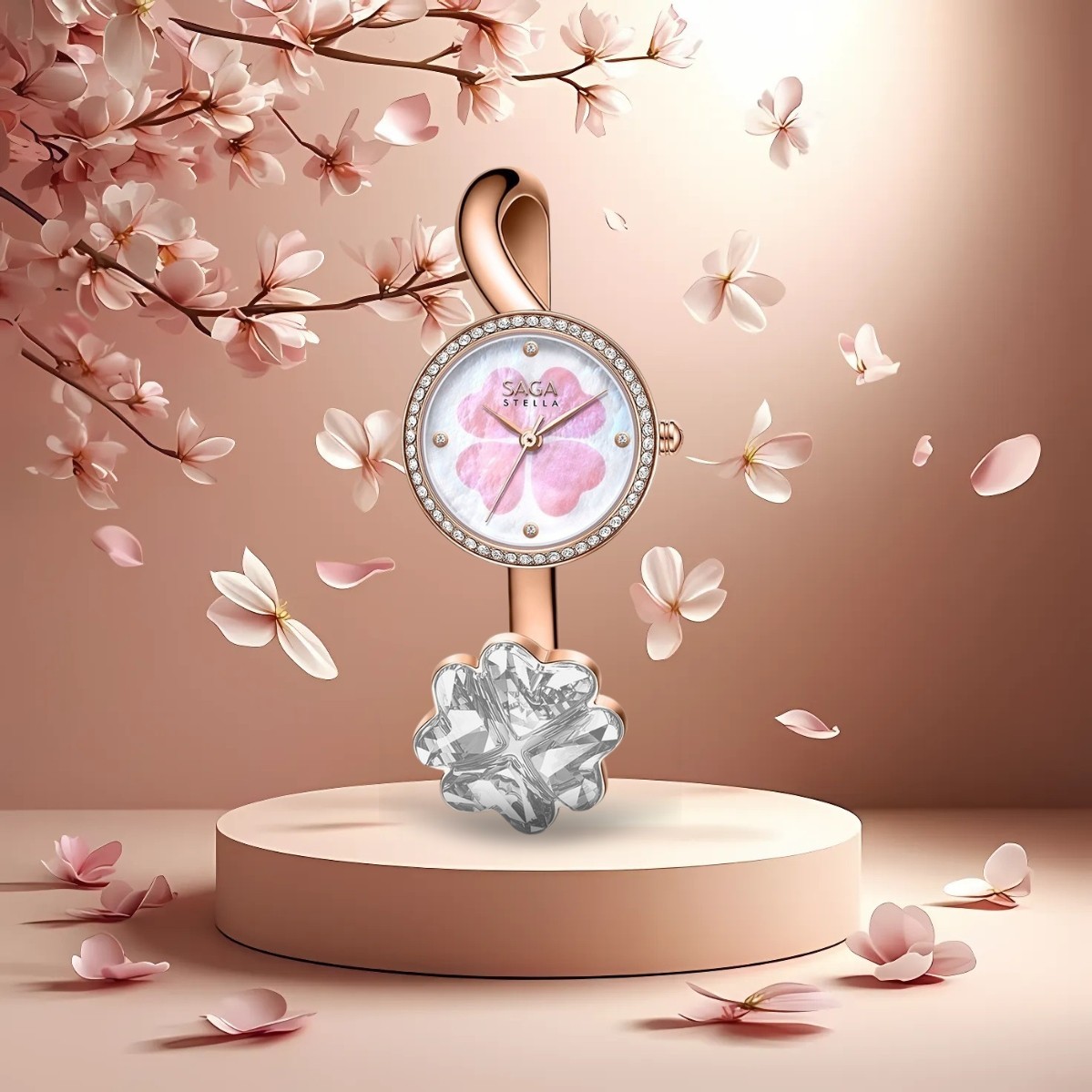 Saga Stella 53585-RGMPWT-2S – Nữ – Mineral Crystal – Quartz (Pin) – Mặt Số 24mm, Khảm Xà Cừ, Đá Danube 2 Đồng hồ dây lắc mạ vàng hồng PVD Saga 53585-RGMPWT-2S