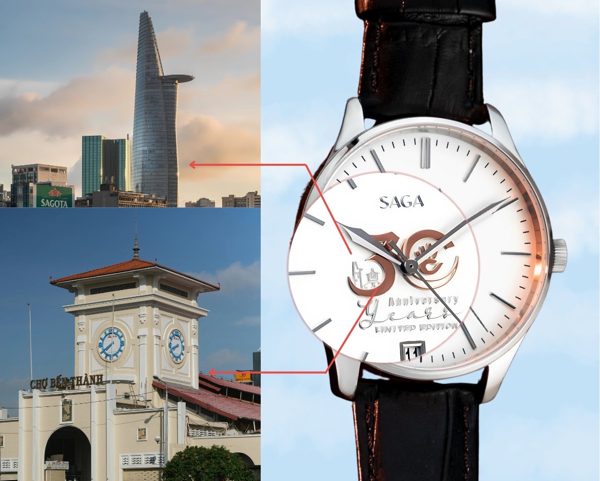 Saga 53198-SVSVBK-2 – Nam – Kính Cứng – Quartz (Pin) – Giới Hạn 186 Chiếc – Kỷ niệm 30 năm thành lập Đồng Hồ Hải Triều 8 Họa tiết chợ Bến Thành và Bitexco trên Saga 53198-SVSVBK-2