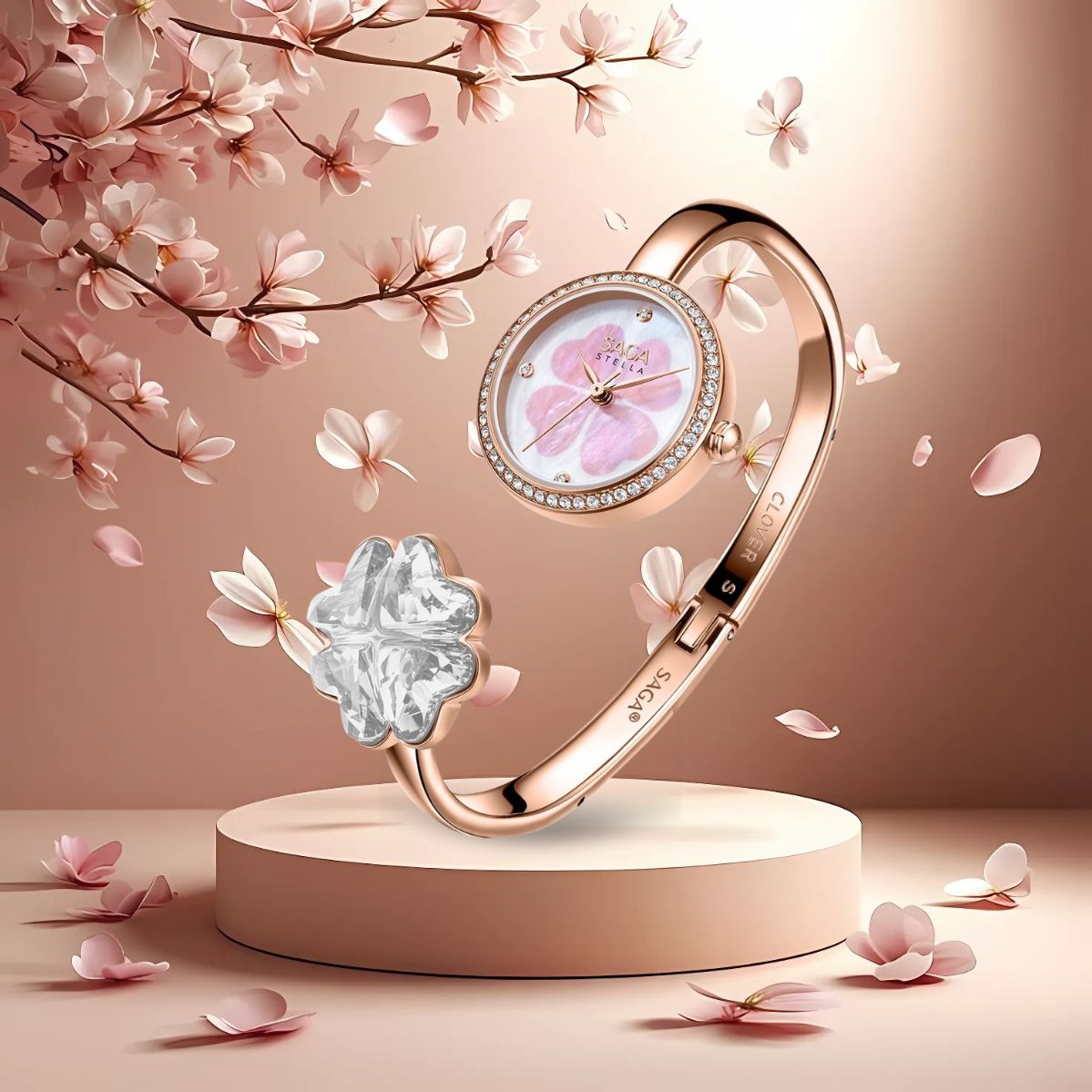 Saga Stella 53585-RGMPWT-2S – Nữ – Mineral Crystal – Quartz (Pin) – Mặt Số 24mm, Khảm Xà Cừ, Đá Danube 3 Đồng hồ khảm xà cừ Saga 53585-RGMPWT-2S