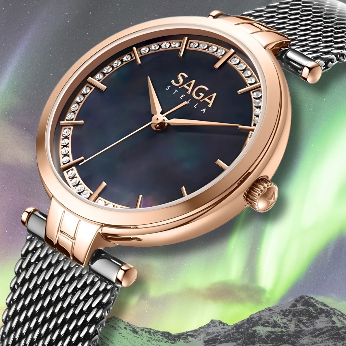 Saga Stella 53579-RGMBBW-2A – Nữ – Quartz (Pin) – Mặt Số 36mm, Kính Cứng, Chống Nước 3ATM 4 Đồng hồ Saga 53579-RGMBBW-2A mạ PVD
