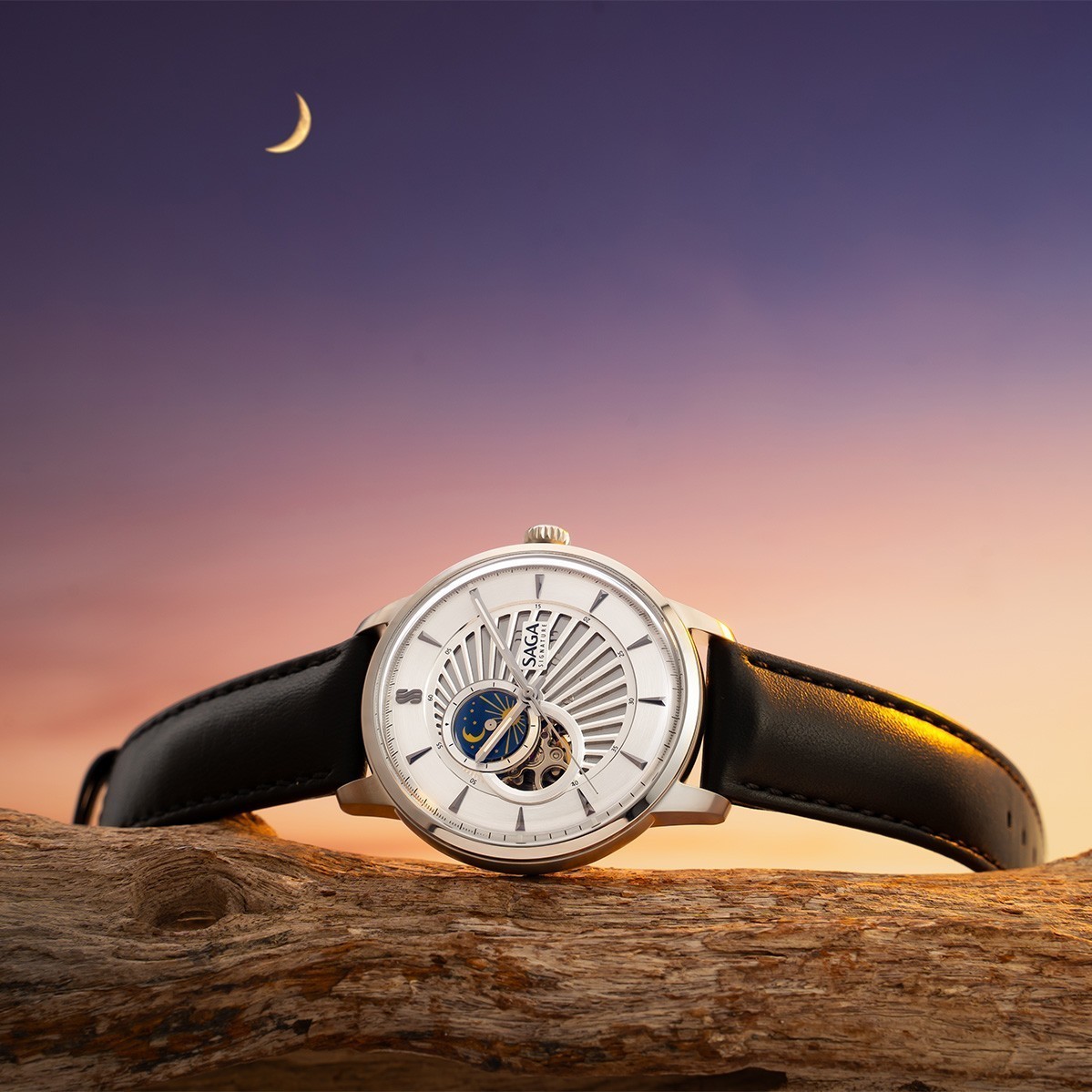 Saga 13702-SVSVBK-3 - Mặt Số 42mm, Open Heart, Sun And Moon 10 Đồng hồ dây da Saga 13702-SVSVBK-3
