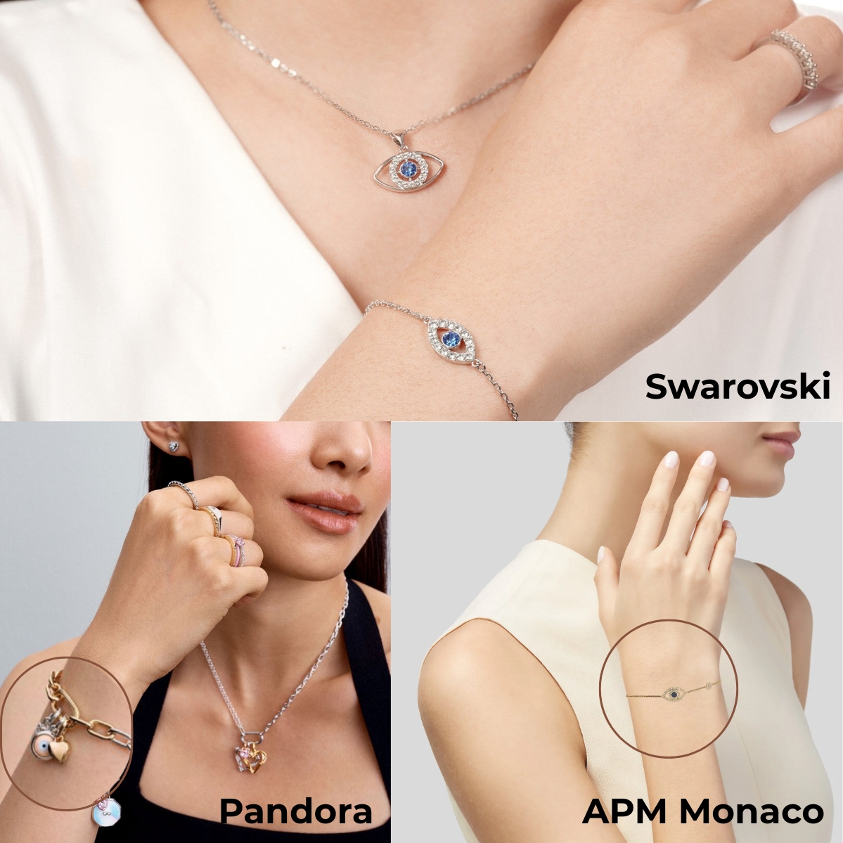 Saga Stella 71865-SVMWSV-2L – Mặt Số 20x27mm, Khảm Xà Cừ, Dây lắc, Đính đá 5 Pandora, APM Monaco, Swarovski đều đưa biểu tượng Evil Eye vào bộ sưu tập nổi bật