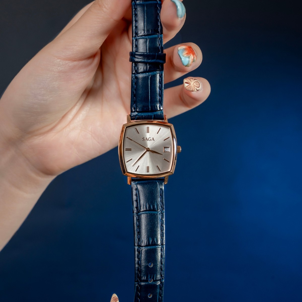 Saga Stella 71979-RGSVBL-2 mặt vuông, dây da xanh