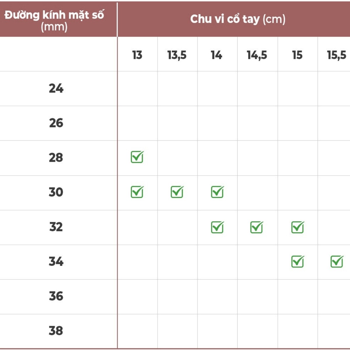 Bảng size đồng hồ có đường kính mặt số từ 24 - 38mm