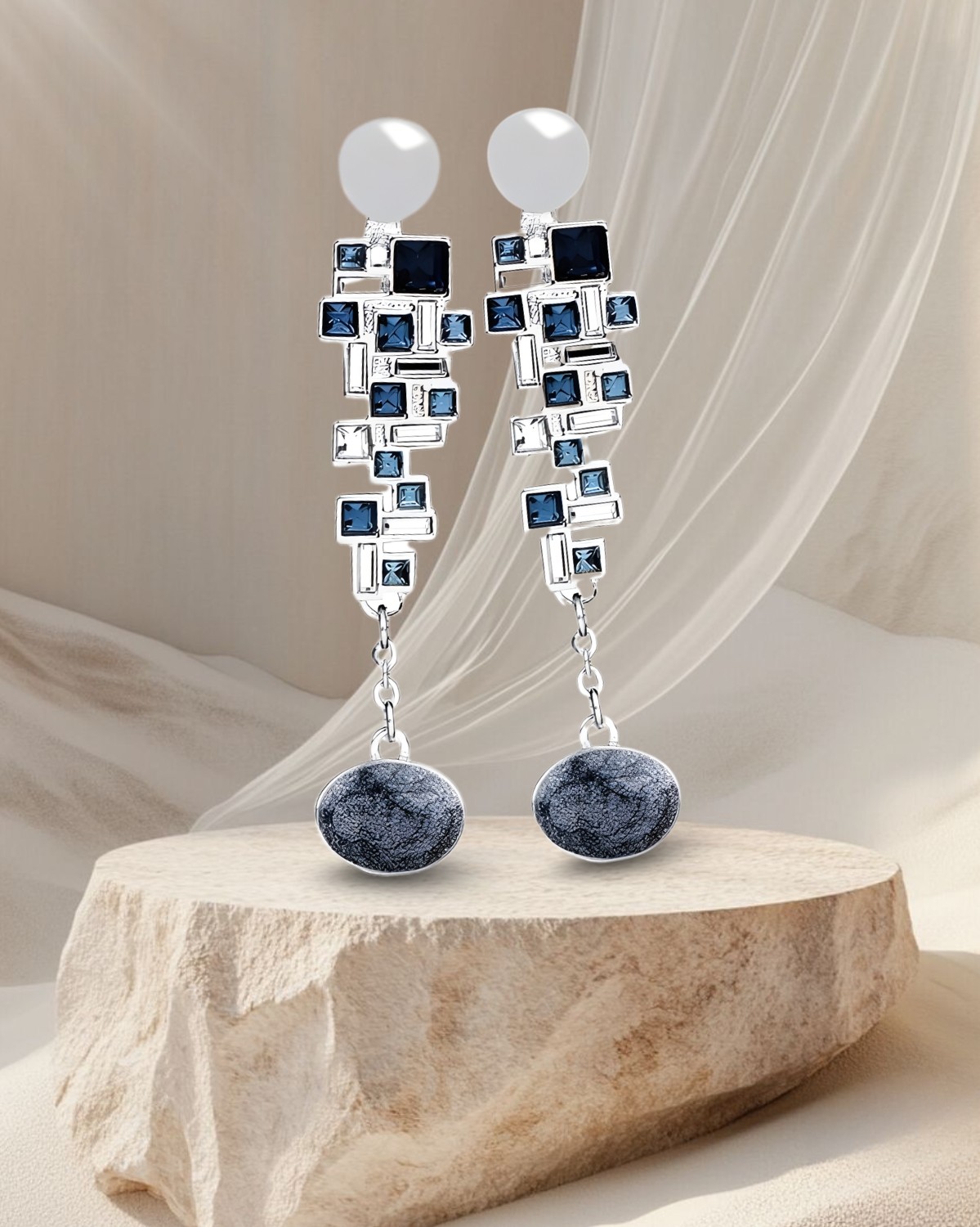 Hoa tai nữ đẹp Saga sắc bạc xanh