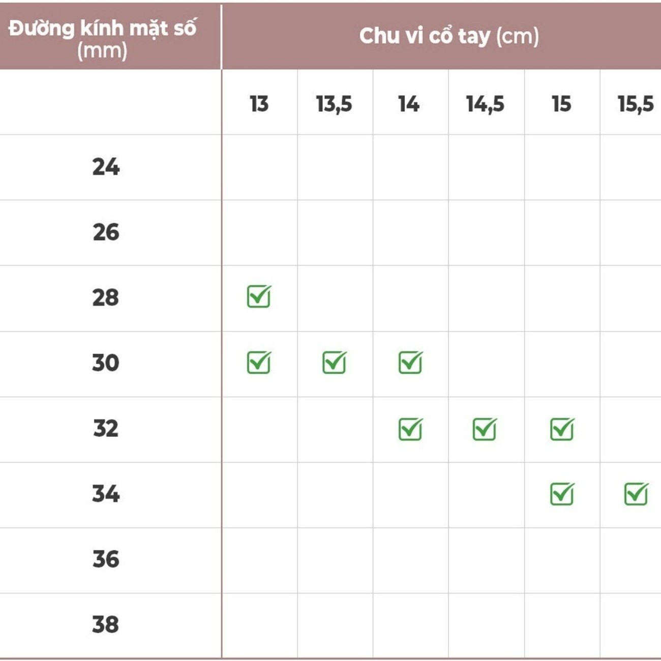 Bảng size đồng hồ có đường kính mặt số từ 24 - 38mm
