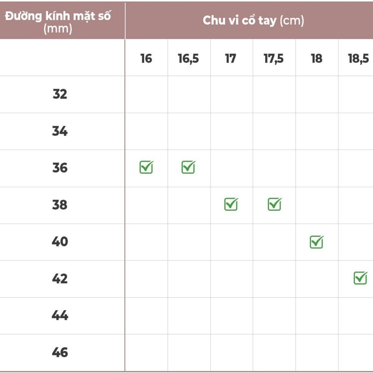 Bảng size đồng hồ có đường kính mặt số từ 32 - 46mm