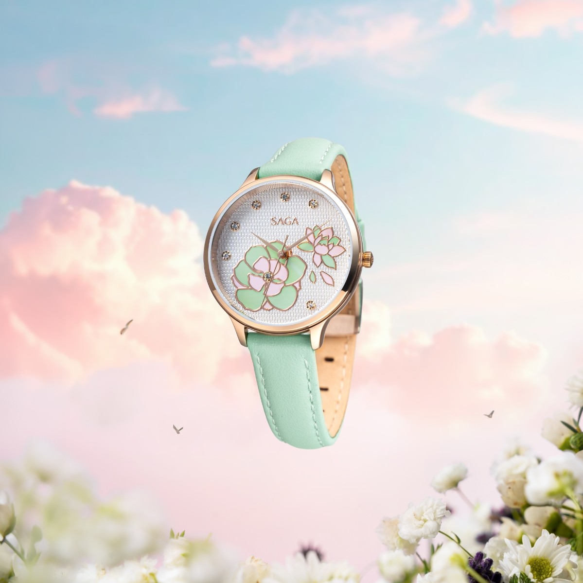 Toàn cảnh đồng hồ Saga 54390-LGWTGR-2 dây da xanh ngọc thời trang