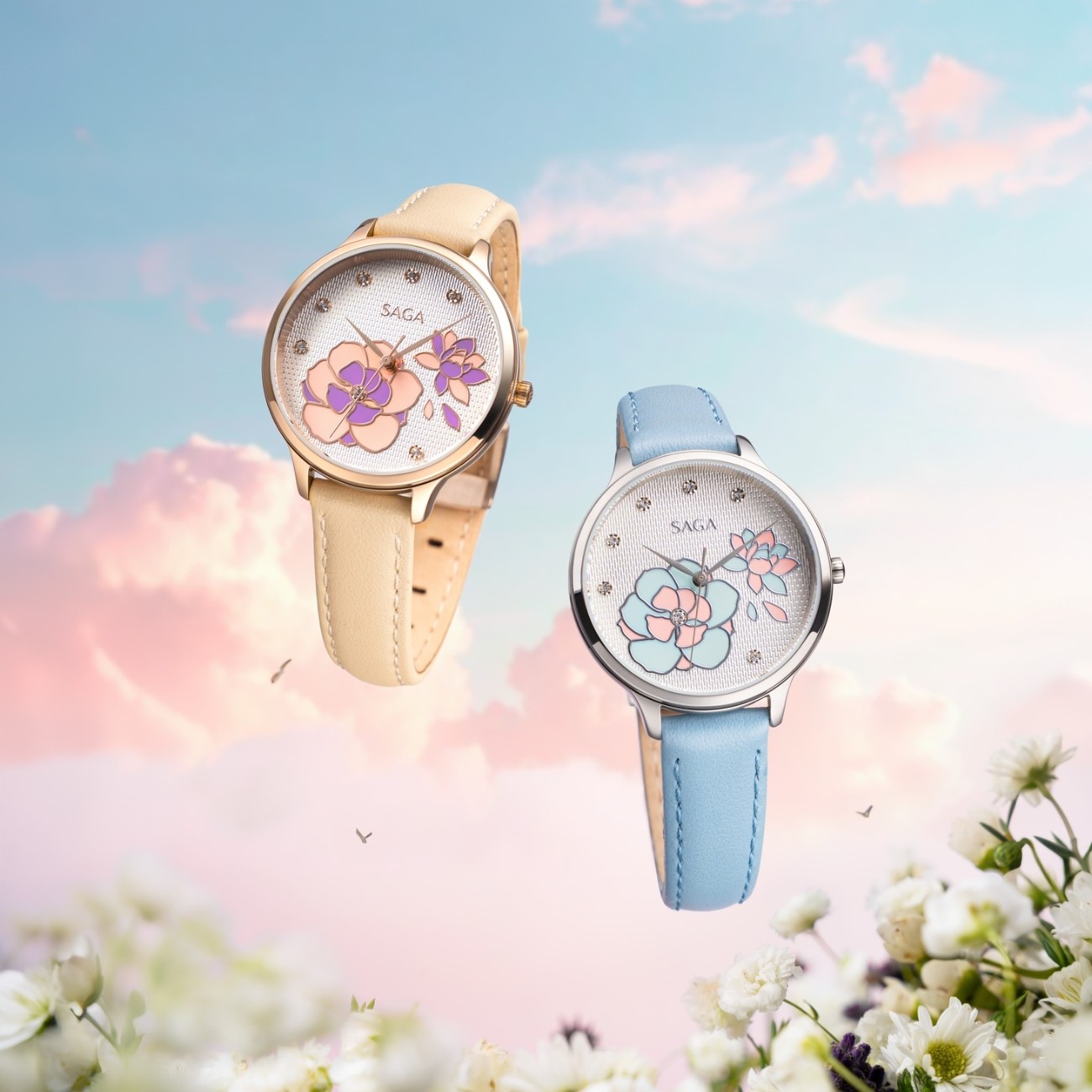 Thiết kế hoa sen trên mặt số đồng hồ Saga Chroma Dance